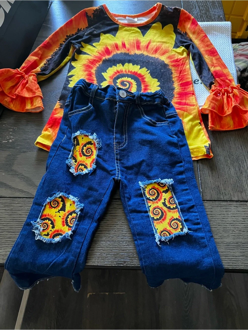 Girls' Distressed Dark Blue Flare Jeans with Sunflower Patch